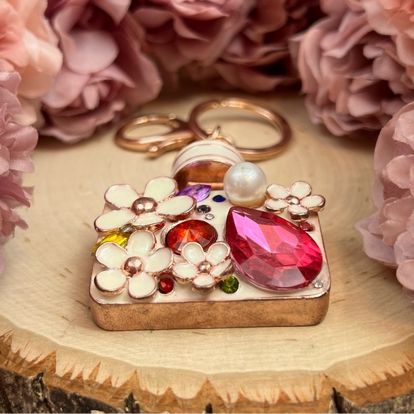 Pink Crystal Flower Perfume Bottle Keychain Charm - Picture 13 of 16